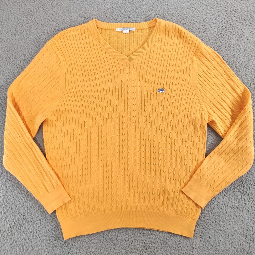 Southern Tide Sweater Mens XL Orange Cable Knit Ribbed Hem & Cuff Long Sleeve